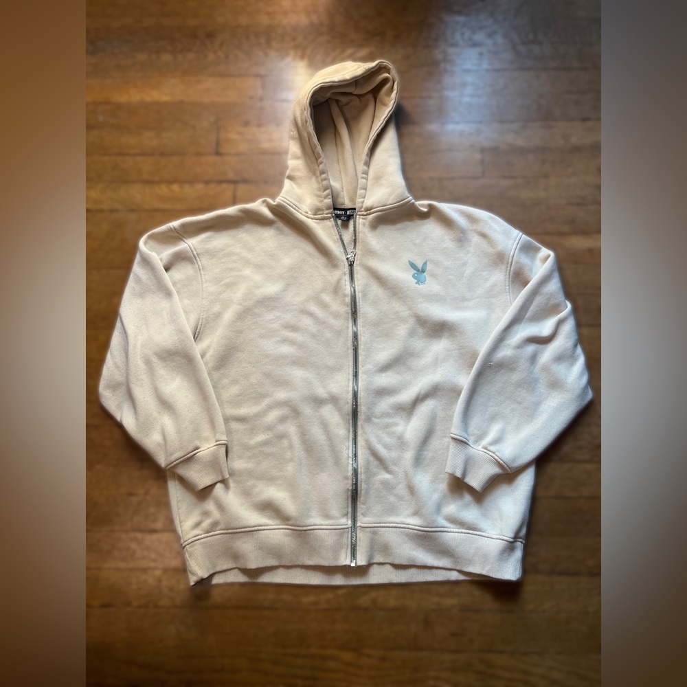 PLAYBOY Cream Zip-Up Hoodie with Mint Bunny Logo